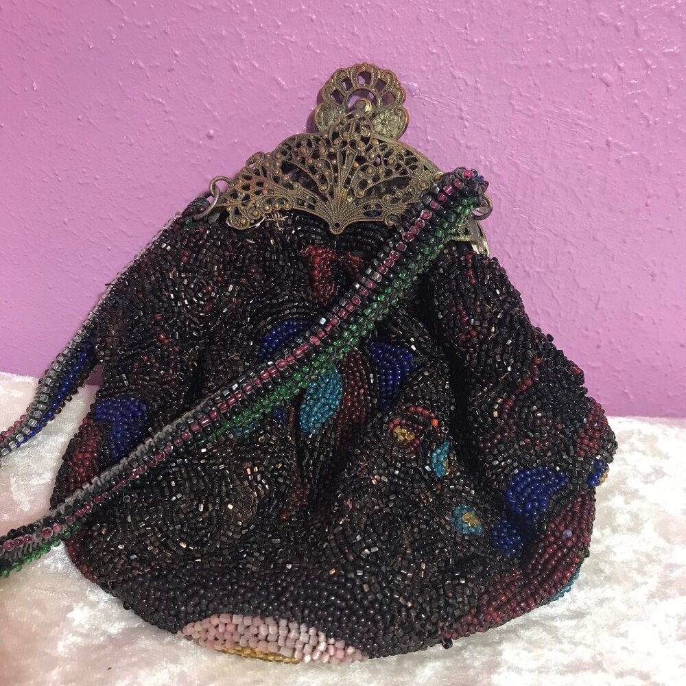 Vintage Beaded Womans Purse GUC Floral Retro Handmade Flowers Wristlet Bag Clasp - Picture 5 of 11